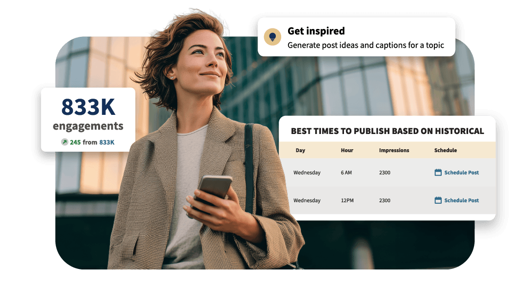 A woman with short hair holds a smartphone; social media analytics and scheduling data are displayed beside her.